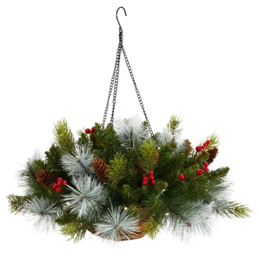 Nearly Natural 24 In. Holiday Pre Lit Berries Christmas Hanging Basket