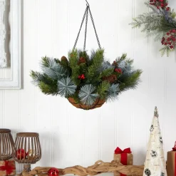 Nearly Natural 24 In. Holiday Pre Lit Berries Christmas Hanging Basket