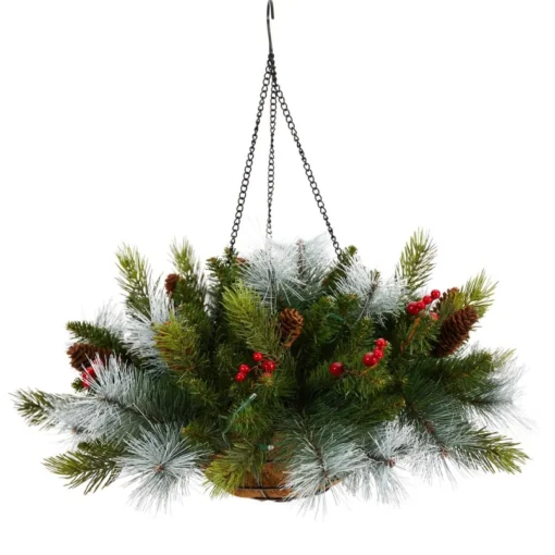 Nearly Natural 24 In. Holiday Pre Lit Berries Christmas Hanging Basket