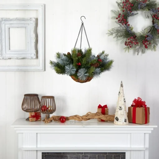 Nearly Natural 24 In. Holiday Pre Lit Berries Christmas Hanging Basket