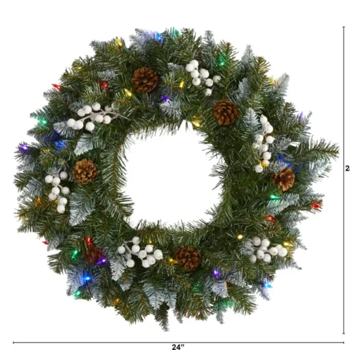 Nearly Natural 24 In. Snow Tipped Christmas Wreath With 50 Lights