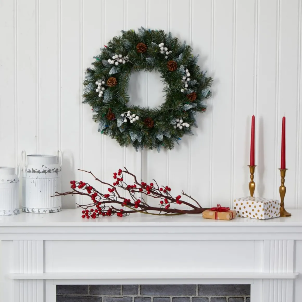 Nearly Natural 24 In. Snow Tipped Christmas Wreath With 50 Lights