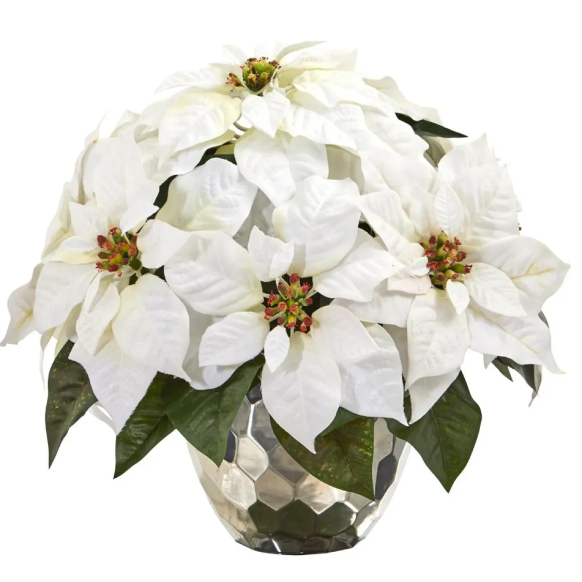 Nearly Natural 14 In. White Poinsettia In Designer Silver Bowl