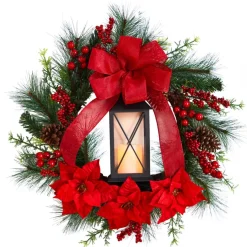Nearly Natural 28" Poinsettia & Berry Wreath With Lantern & Led Candle