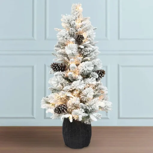 Puelo International Pre-Lit Flocked Potted Tree, Ul Clear Lights