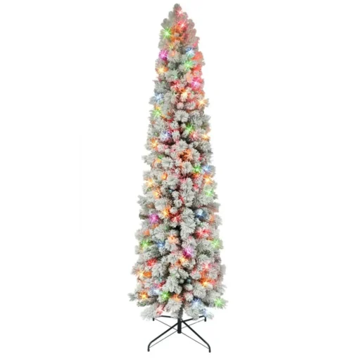 Puleo International 6.5' Flocked Pine Pencil Tree W/ Multicolor Lights
