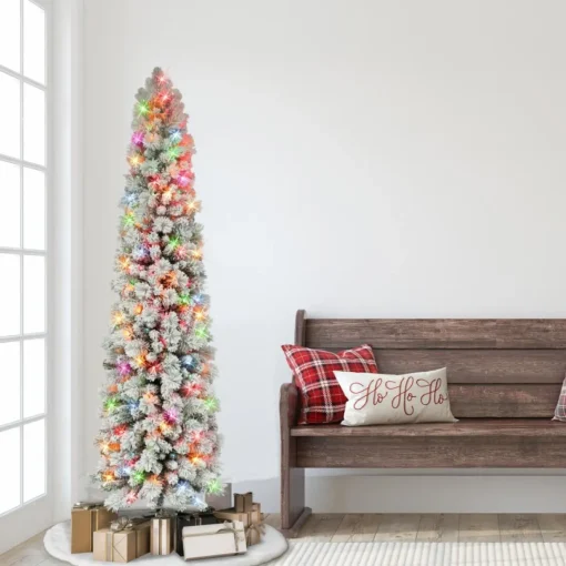 Puleo International 6.5' Flocked Pine Pencil Tree W/ Multicolor Lights