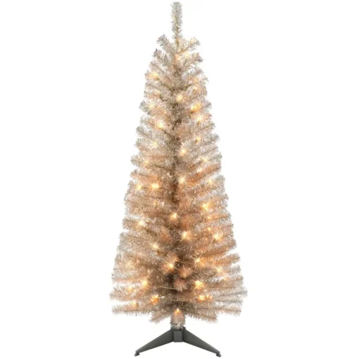 Puleo International 4.5' Pre-Lit Rose Gold Tinsel Tree 70 Clear Lights