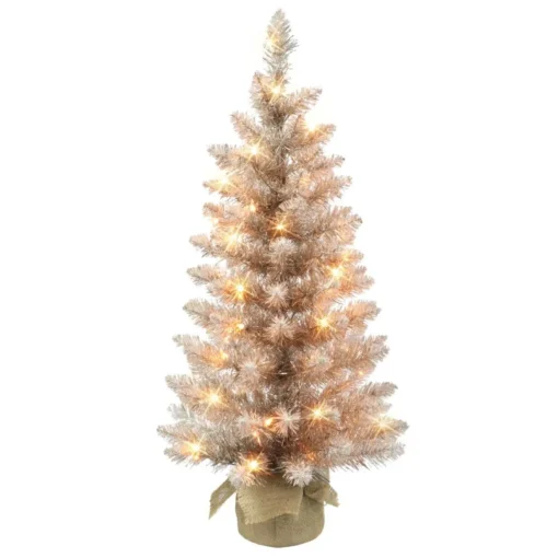 Puleo International 3' Pre-Lit Rose Gold Tree 50 Lights Burlap Base