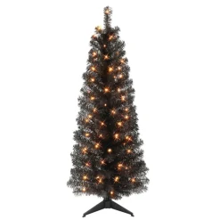 Puleo International 4.5' Pre-Lit Black Tinsel Tree W/ 70 Clear Lights