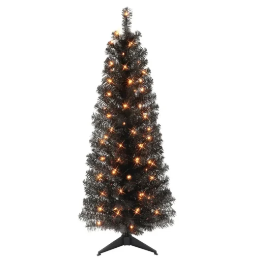 Puleo International 4.5' Pre-Lit Black Tinsel Tree W/ 70 Clear Lights
