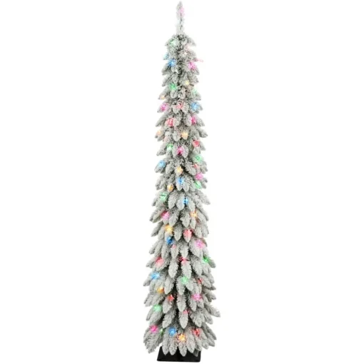 Puleo International 6' Pre-Lit Flocked Pencil Tree 100 Colored Lights