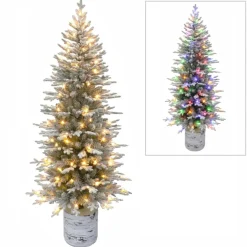 Puleo International 6' Pre-Lit Potted Flocked Arctic Fir Pencil Tree