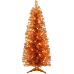 Puleo International 4.5' Pre-Lit Orange Tinsel Tree W/ 70 Clear Lights