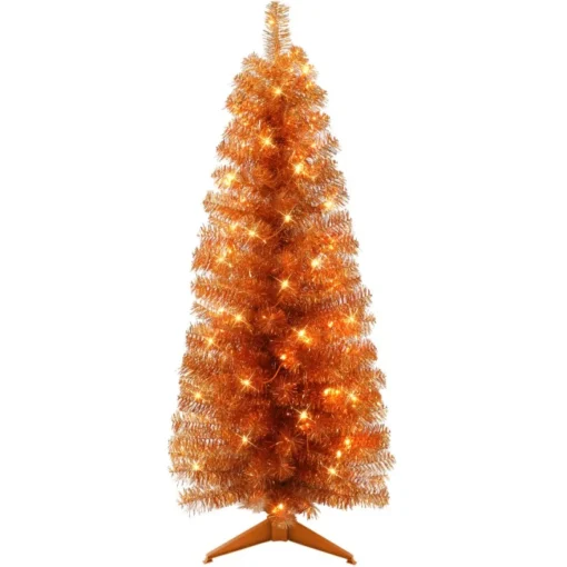 Puleo International 4.5' Pre-Lit Orange Tinsel Tree W/ 70 Clear Lights