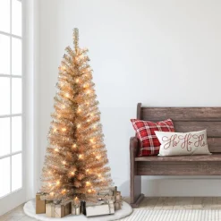 Puleo International 4.5' Pre-Lit Rose Gold Tinsel Tree 70 Clear Lights