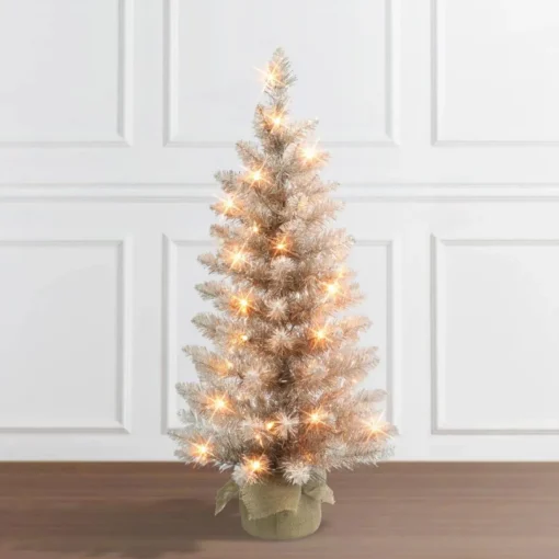 Puleo International 3' Pre-Lit Rose Gold Tree 50 Lights Burlap Base