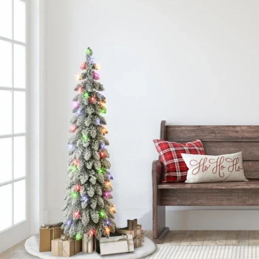 Puleo International 4' Pre-Lit Multicolor Flocked Alpine Pencil Tree