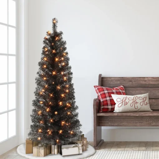 Puleo International 4.5' Pre-Lit Black Tinsel Tree W/ 70 Clear Lights