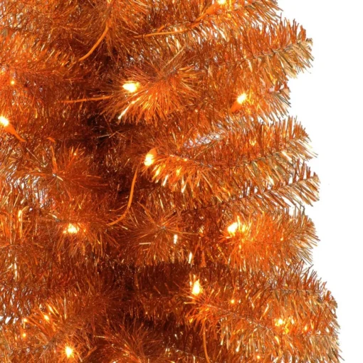 Puleo International 4.5' Pre-Lit Orange Tinsel Tree W/ 70 Clear Lights