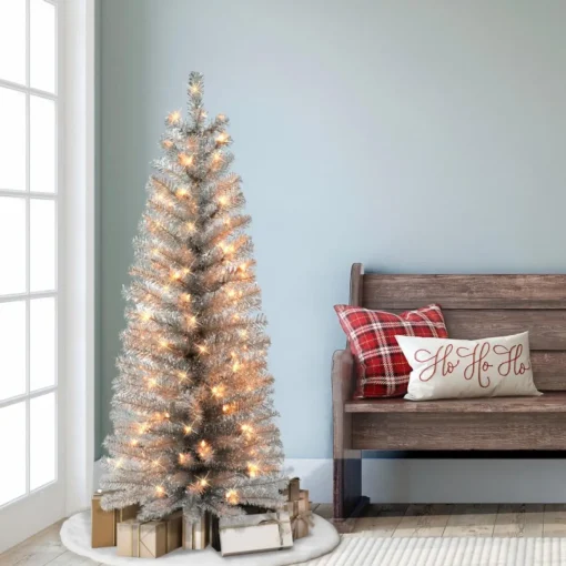 Puleo International 4.5' Pre-Lit Silver Tinsel Tree