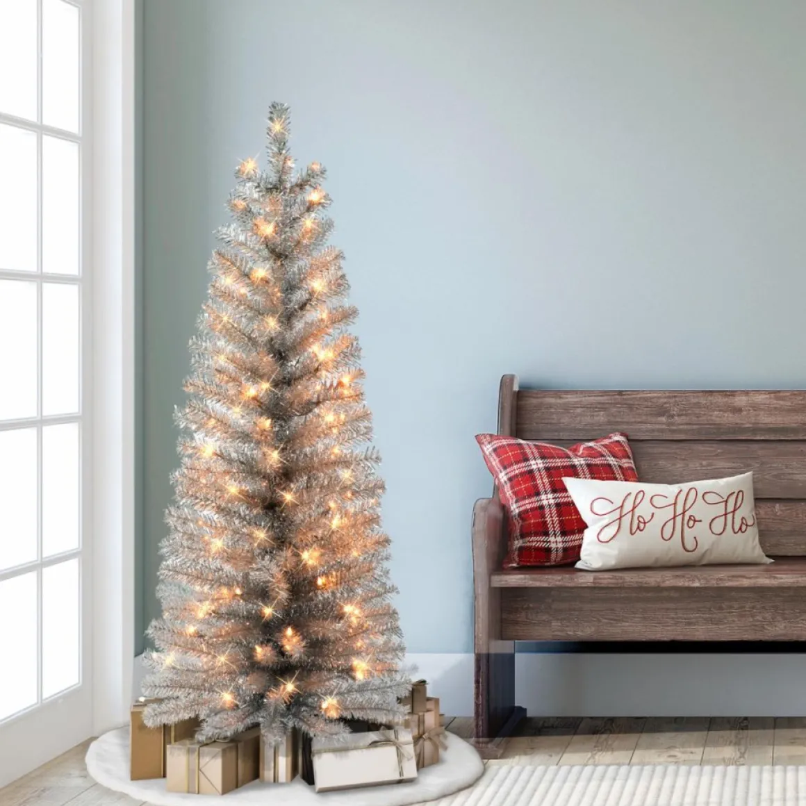 Puleo International 4.5' Pre-Lit Silver Tinsel Tree