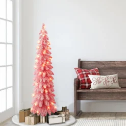 Puleo International 4' Prelit Pink Flocked Pencil Tree 50 Clear Lights