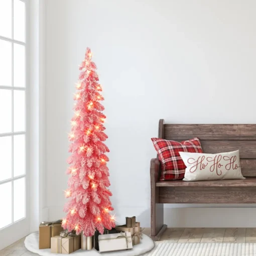 Puleo International 4' Prelit Pink Flocked Pencil Tree 50 Clear Lights