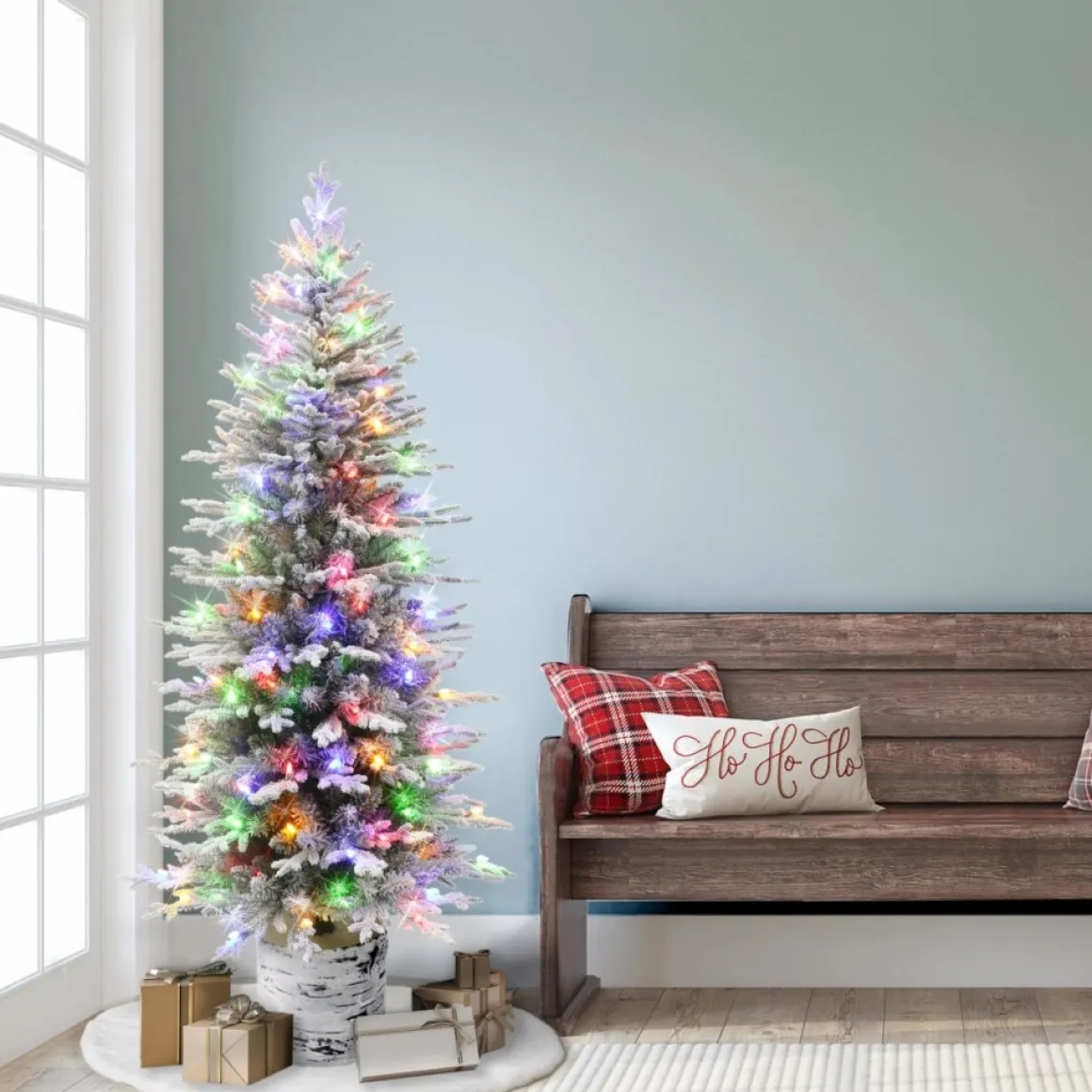 Puleo International 6' Pre-Lit Potted Flocked Arctic Fir Pencil Tree