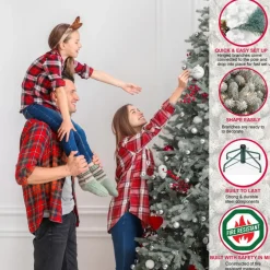 Puleo International 7.5' Pre-Lit Flocked Slim Pine Artificial Tree