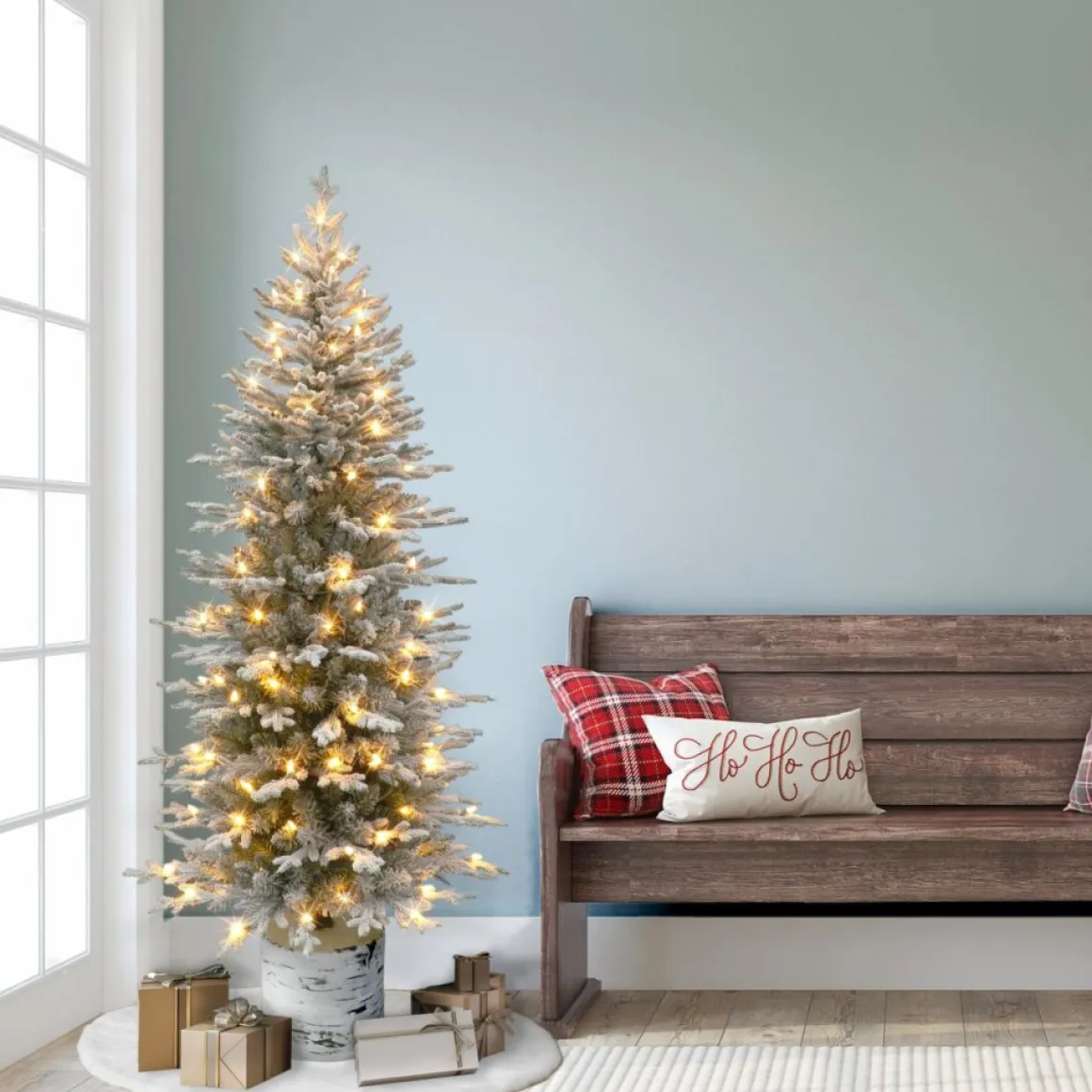 Puleo International 6' Pre-Lit Potted Flocked Arctic Fir Pencil Tree