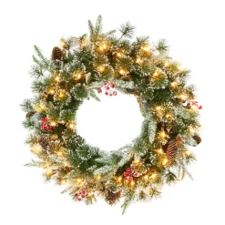 Puleo Intl. Pre-Lit 24" Decorated Christmas Wreath W/ 50 Lights, Green