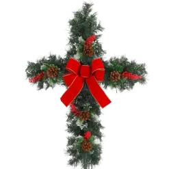 The Gerson Company 24" Greenery Cross W/ Red Berries & Red Bow Stake