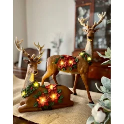 Winter Lane 2-Piece Illuminated Reindeer With Poinsettias